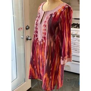 Calypso St Barth Embroidered Red/Orange Multi Cotton Tunic Mini Size Small